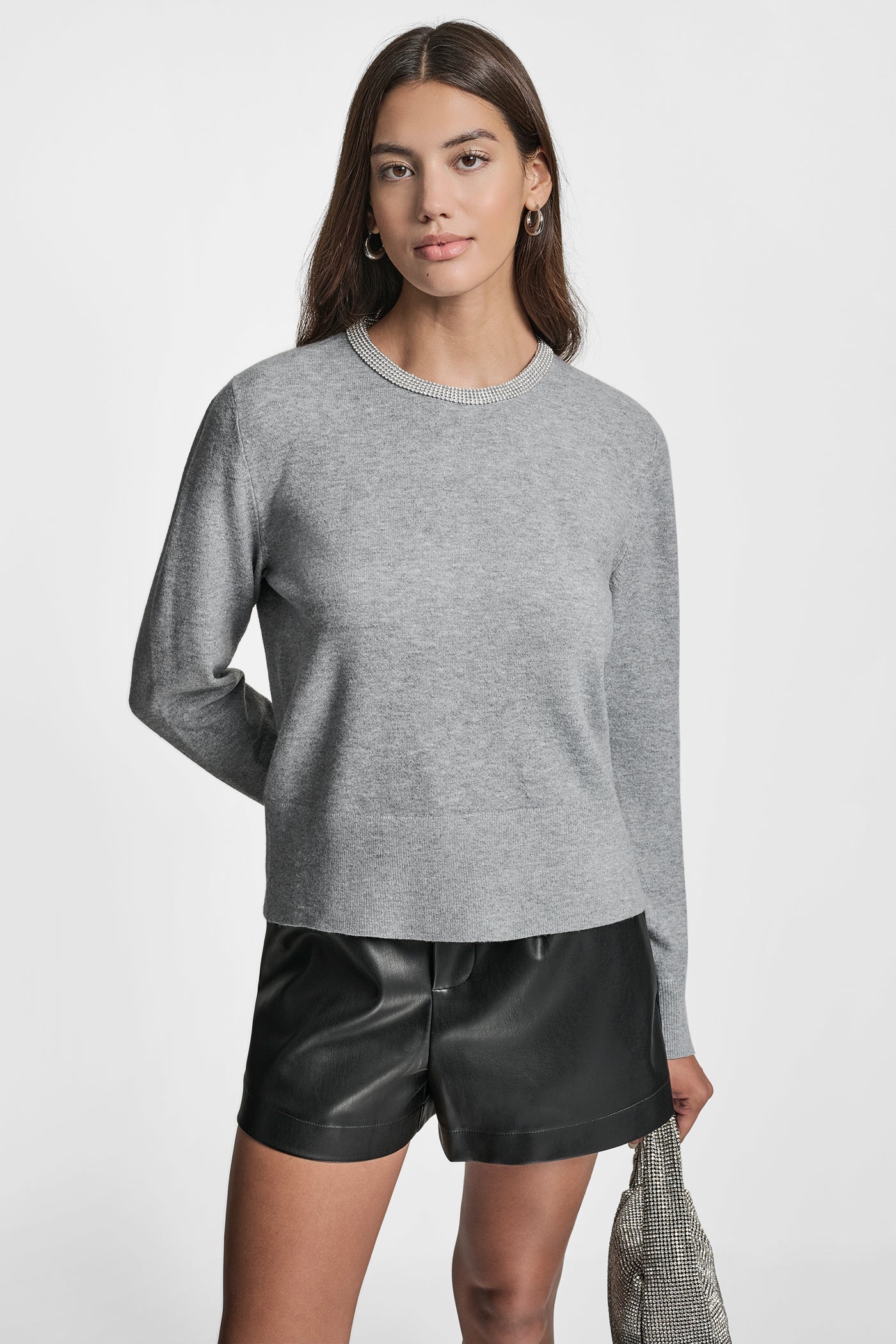CREW NECK WITH RHINESTONE TRIM AT NECK