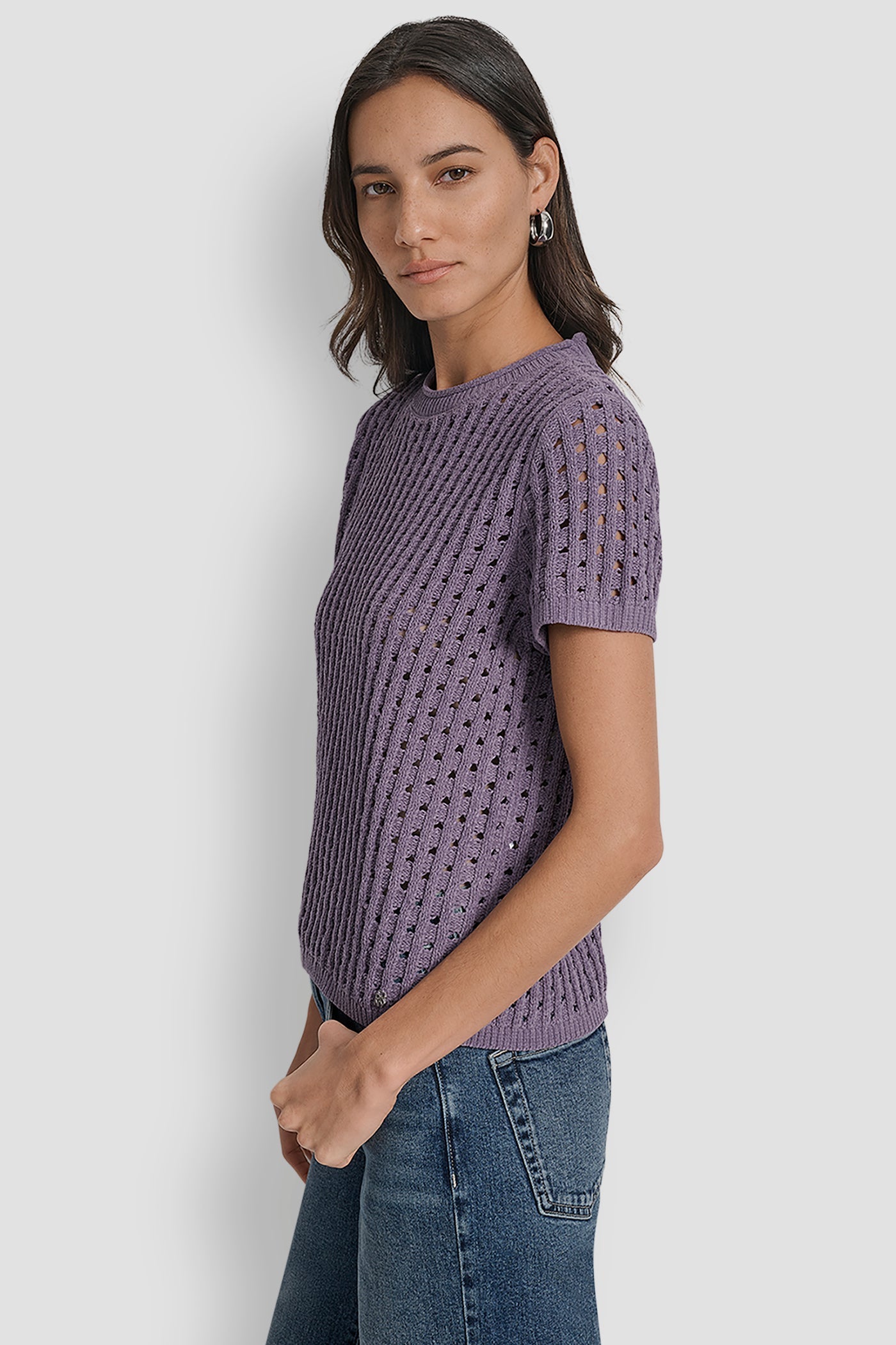 OPEN STITCH CREW NECK SHORT SLEEVE SWEATER