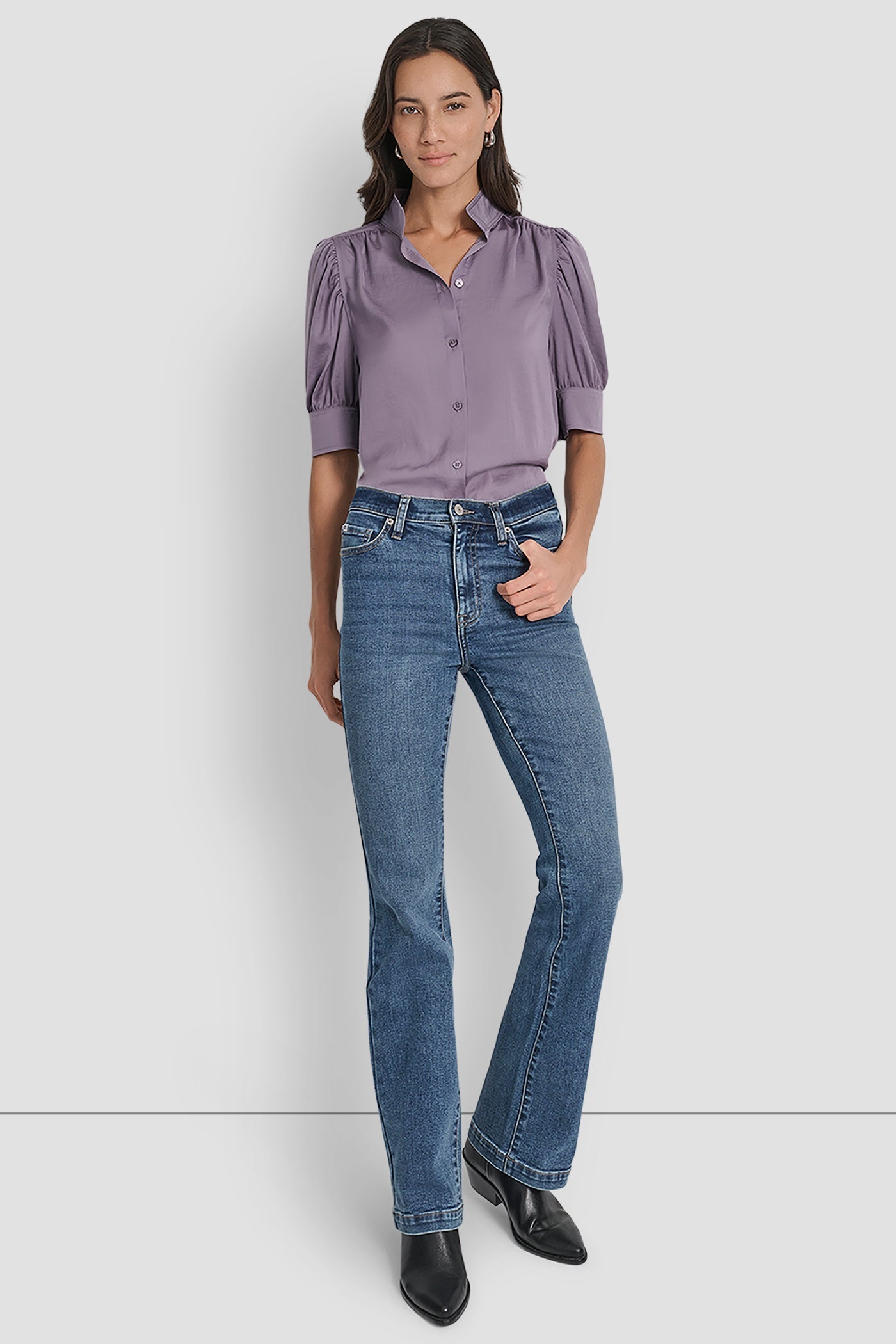 PUFF SLEEVE COLLARLESS SHIRT