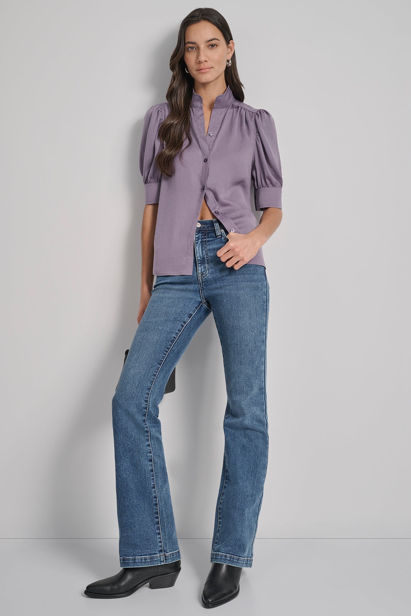 PUFF SLEEVE COLLARLESS SHIRT