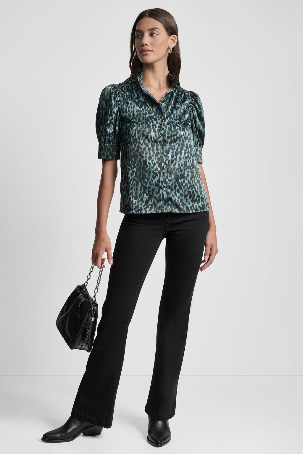 PUFF SLEEVE COLLARLESS SHIRT