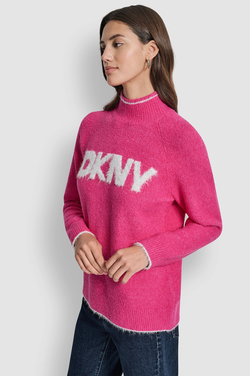 DKNY TINSEL LOGO LONG SLEEVE RAGLAN SWEATER