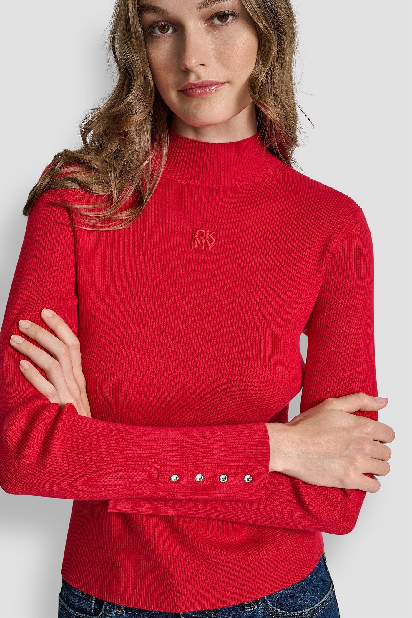 RIB LONG SLEEVE MOCK NECK WITH RHINESTONES AT CUFF