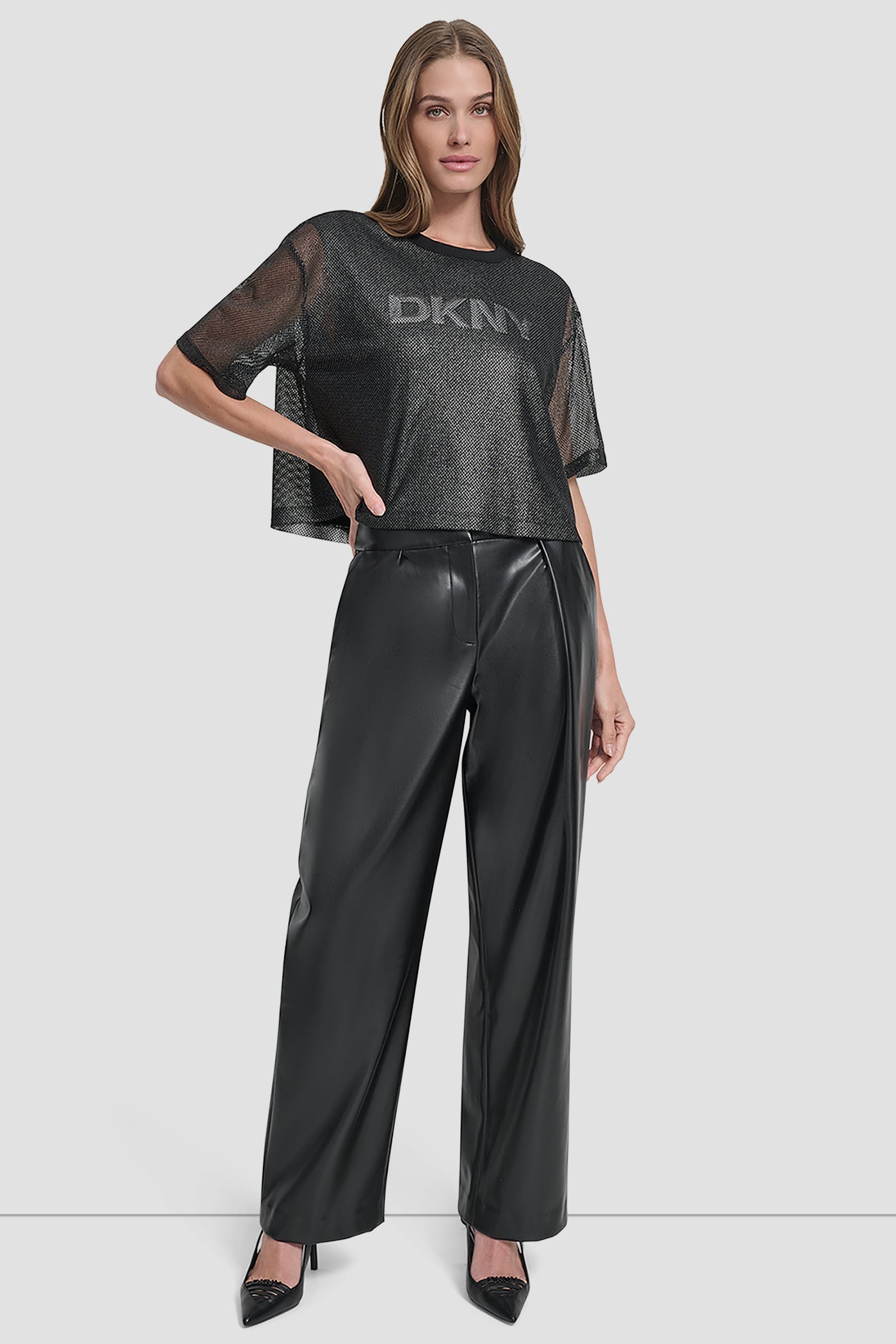 SHORT SLEEVE MESH OVERLAY LOGO KNIT TOP