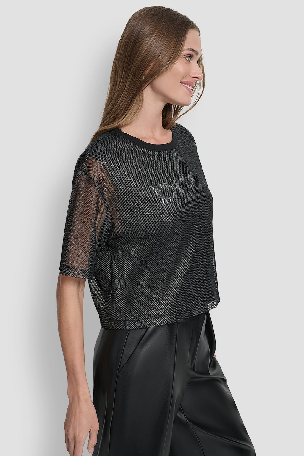 SHORT SLEEVE MESH OVERLAY LOGO KNIT TOP